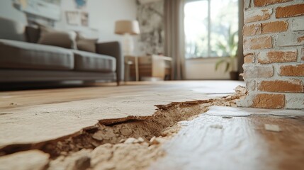 Damaged interior floor in modern home by a wall after an earthquake. Showcasing need for repairs, insurance, or disaster relief aid.