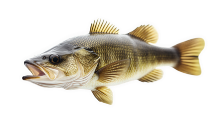 realistic depiction of a fish. specifically a bass. showcasing its detailed scales. fins. and open mouth against a clean white background the focus on the fish highlights its anatomy. making it suitab