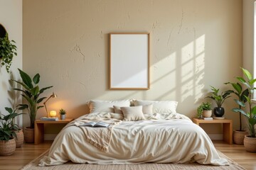 Cozy modern bedroom with neutral tones and gentle natural light in a calming atmosphere