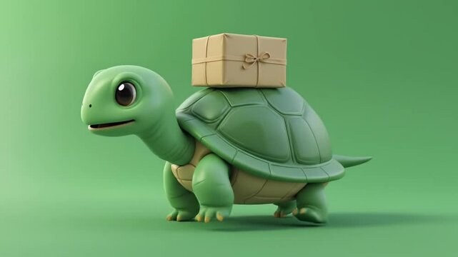 3D rendered of a cute Turtle Carrying Gift on Back on isolated green screen background 