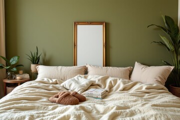 Cozy and Inviting Bedroom Setup with Green Wall and Plush Bedding for Relaxing Retreats