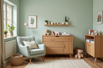 Cozy and Stylish Nursery with Soft Green Walls and Wooden Furniture for Modern Home Decor