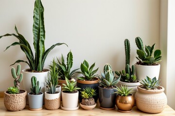 Fototapeta premium Assortment of Indoor Plants in Stylish Pots on Wooden Surface with Natural Light
