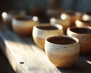 Handcrafted ceramic bowls displayed on wooden table