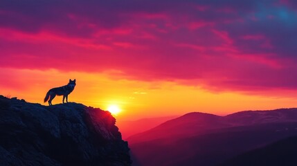 Majestic silhouette of a dog on a mountaintop at sunset