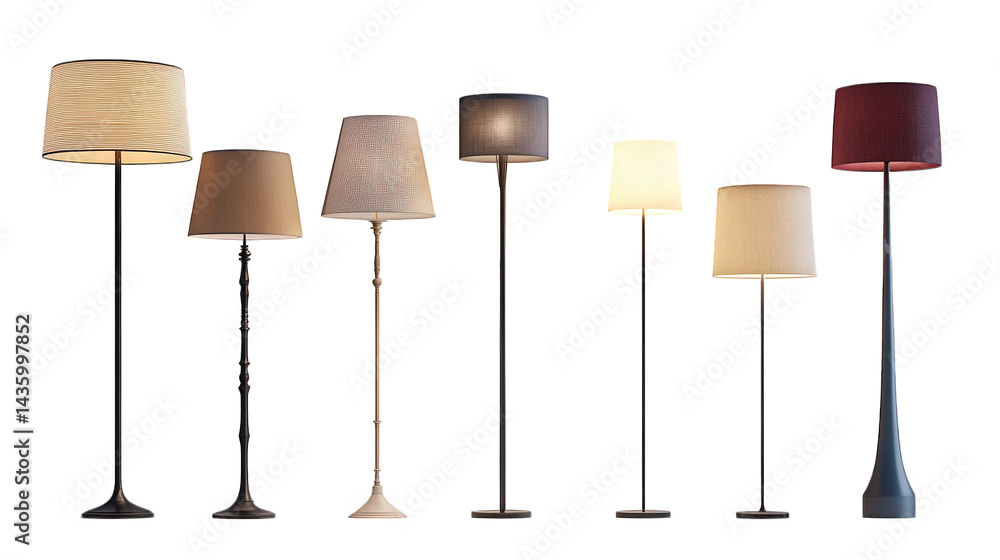 Poster collection of stylish floor lamps arranged in a line. showcasing various designs and colors each lam