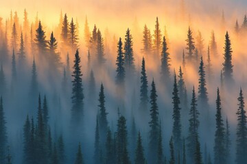 Obraz premium Sunrise casts golden light over misty pine forest in early morning hours