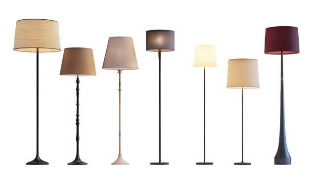collection of stylish floor lamps arranged in a line. showcasing various designs and colors each lamp has a unique shade and base. emphasizing modern decor and lighting solutions for interior spaces t