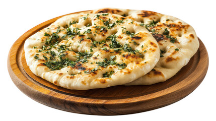 two pieces of freshly baked naan bread topped with herbs. presented on a wooden plate the naan is golden brown with a slightly charred texture. indicating it has been cooked in a tandoor it is often s
