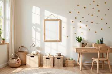 Cozy Minimalist Room with Wood Furniture and Golden Star Decorations on Soft Wall Background