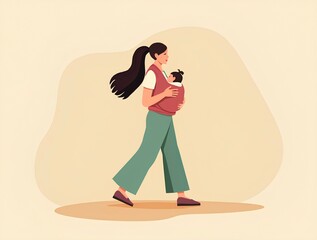 Mother carrying baby in sling while walking, symbolizing natural parenting and sustainable connection with nature.