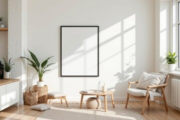Fototapeta premium Bright and Airy Living Room with Natural Light and Minimalist Decor Featuring Empty Frame