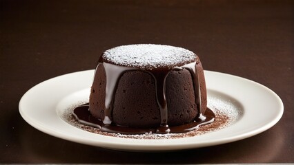 Decadent Chocolate Delight: A Molten Lava Cake Drizzled with Dark Chocolate and a Touch of Powdered Sugar