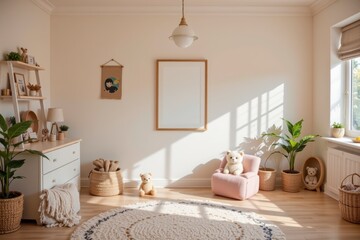Obraz premium Cozy and Minimalist Kids Room with Soft Toys and Natural Light in a Bright Interior Space