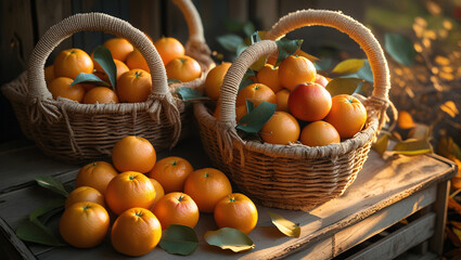 This image features baskets filled with oranges, a popular citrus fruit. 