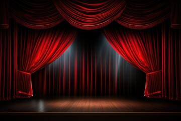 Majestic red velvet curtains drawn back to reveal a dark, wooden stage, ready for a performance.