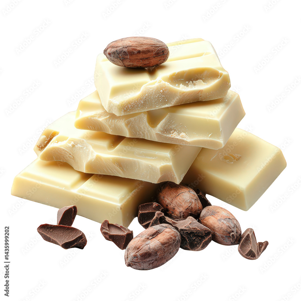 Poster stack of white chocolate bars. some broken to reveal their smooth texture. accompanied by cocoa bean