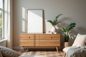 Cozy Modern Interior with Wooden Cabinet and Minimalist Decor in Bright Living Room Setting