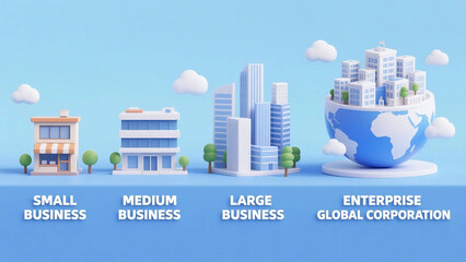 Illustration of company sizes from small business to global corporation with building icons.
