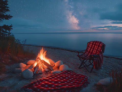 3AM beach campsite with smoldering bonfire remnants and red-checkered blanket on folding chair. 