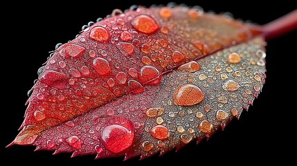 Red and Orange Leaf with Water Droplets on Black Background