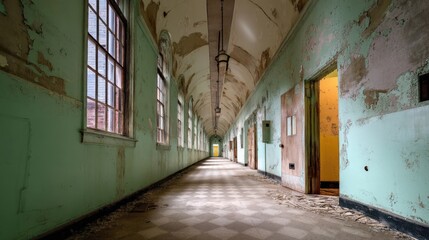 Abandoned hospital corridor showcases peeling walls and fading light during the day in a derelict building