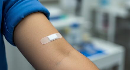 Fototapeta premium Applying Bandage on Arm After Medical Procedure Closeup