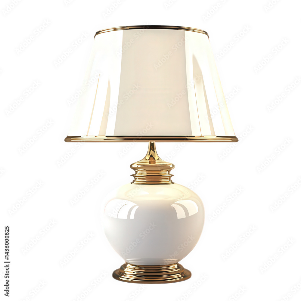 Poster stylish table lamp with a glossy white base and a golden accent the lampshade is white and has a cla