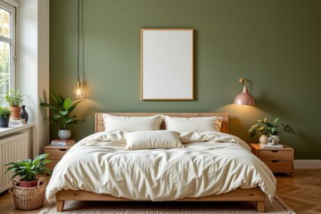 Cozy minimalistic bedroom with green wall, wooden bed, plants, and pendant lights for relaxation