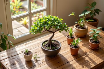 Lush indoor plants in ceramic pots on wooden table with sunny window and green foliage