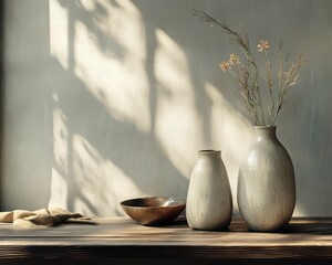 Light beige pottery vases still life