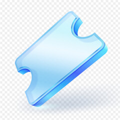 Modern glass blue 3D ticket icon with isolated transparent background, perfect for events, tickets, or passes. ideal for digital marketing and design. Vector illustration.