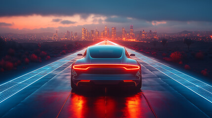 Futuristic Electric Car Driving on a Futuristic Highway Illuminated with Blue Neon Lights, High-rise City Skyline in the distance at Sunset