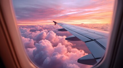 Obraz premium Stunning sunset view from an airplane window with colorful clouds and wing in the foreground during twilight hours