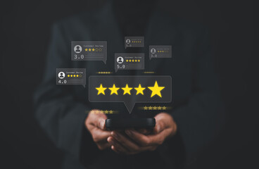 Customer review satisfaction feedback survey concept. User give rating to service excellent...