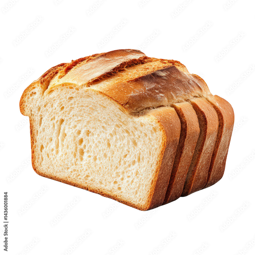 Poster a loaf of sliced bread resting on a white background. showcasing its golden crust and soft interior.