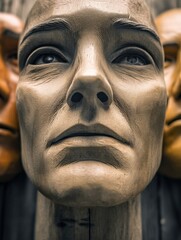 Fototapeta premium Artistic display of wooden sculptures depicting various human expressions in a creative gallery