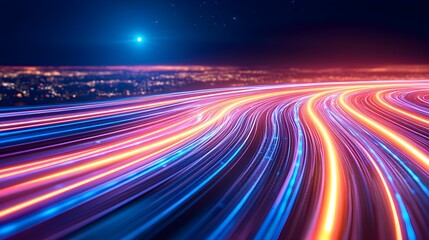 Vibrant light trails curve over a cityscape at night