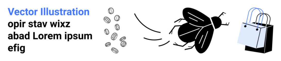 Coin trail, buzzing insect in motion near shopping bag illustrating spending, savings, consumption, or financial habits. Ideal for finances, e-commerce, marketing, behavior minimalism budgeting