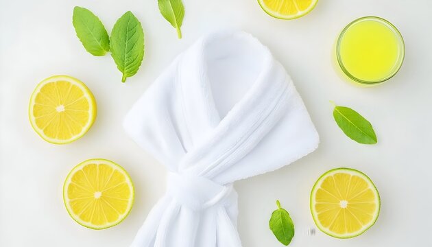 White bathrobe, lemon slices, basil leaves, and citrus juice arranged on a white background, suggesting a spa or wellness theme