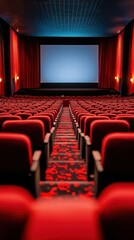 Fototapeta premium Modern cinema interior with red seating ready for screening at night