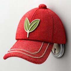 Red Sparkly Baseball Cap with Green Leaf Emblem on Keyhole