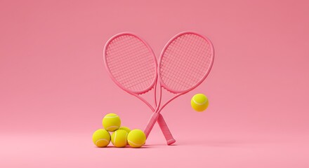 Pink Tennis Rackets and Yellow Balls on Pink Background A Playful Sports Image