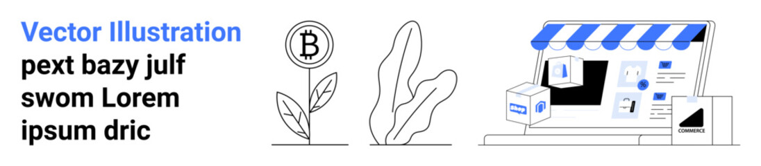 Bitcoin plant with coin, business storefront with highlighted e-commerce icons, and delivery box. Ideal for cryptocurrency, investments, e-commerce, logistics, delivery, digital economy simple