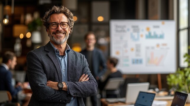 Confident mature caucasian male entrepreneur leading business presentation in modern office