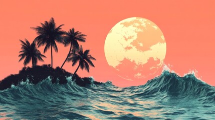 Pixel Art Tropical Sunset: Palm Trees on Island with Ocean Waves