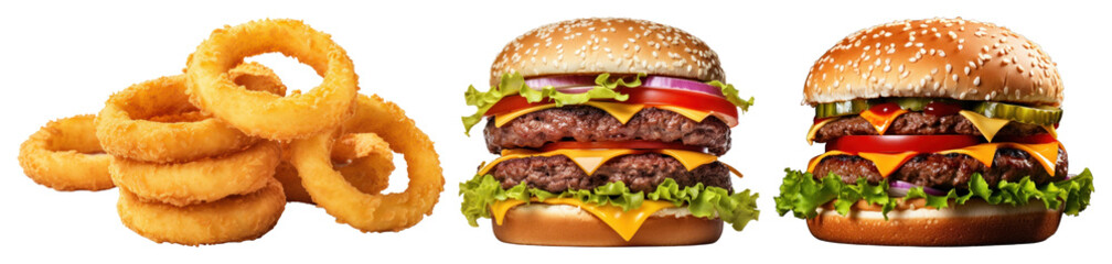 PNG Delicious burgers with onion rings, element set on transparent background