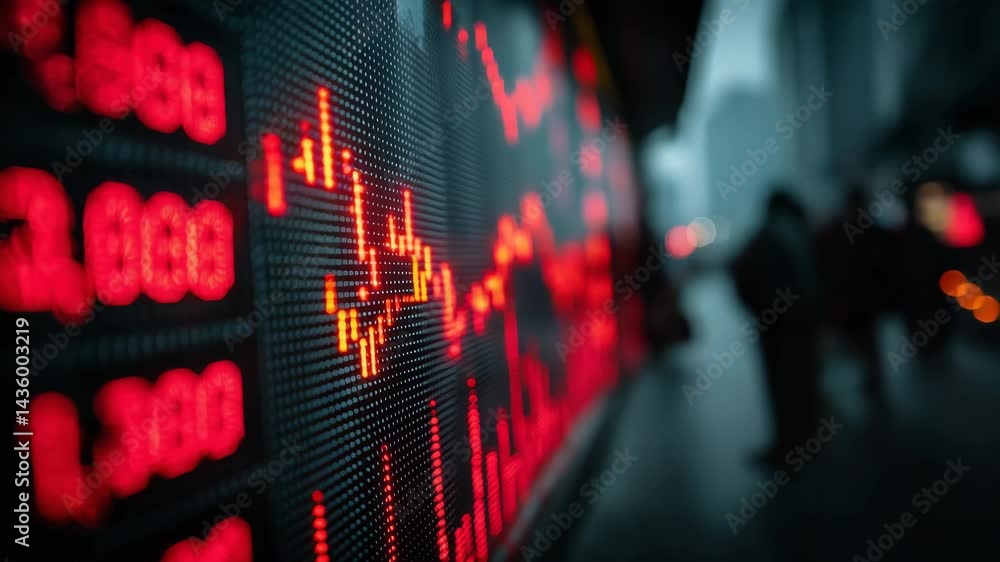 Poster a close-up of a digital stock market display showing fluctuating red numbers and a downward trend in
