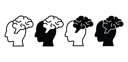 Human Brain Icons Set, Simple Minimalist Black And White Color Vector Graphic Design 