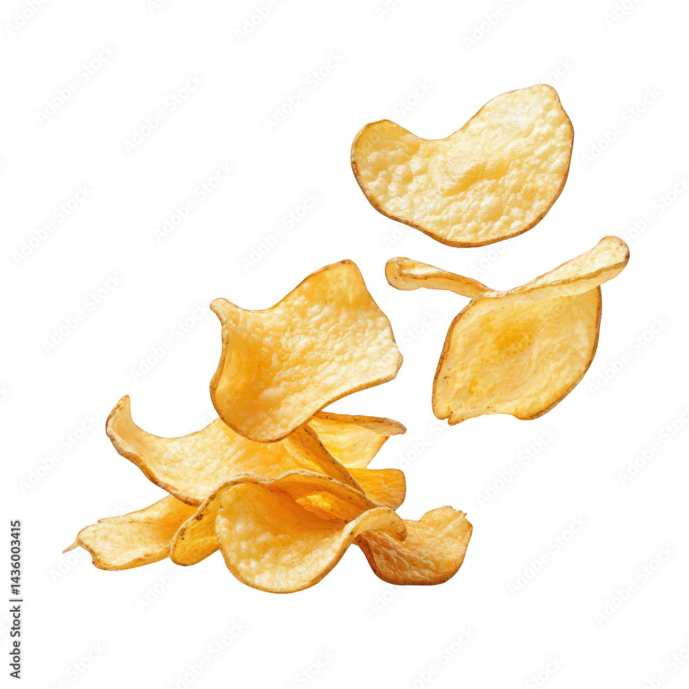 Poster several golden. crispy potato chips. some of which are airborne. creating a dynamic and playful comp